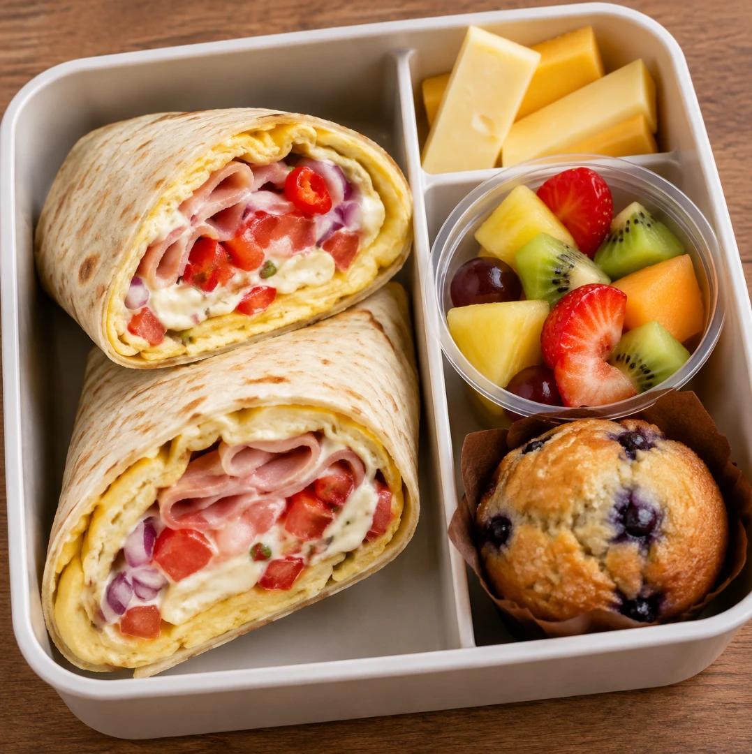 Boxed lunch: omelette wrap, cheese, fruit salad and muffin