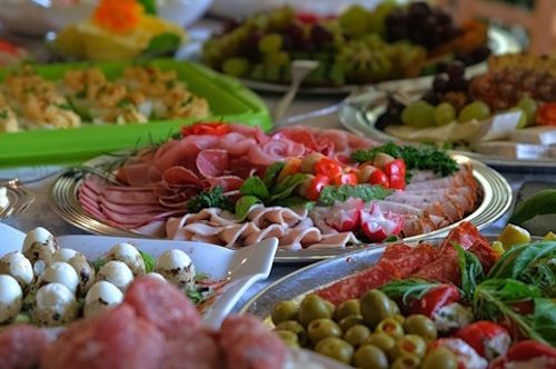 Cold buffet with cold cuts, deviled eggs and olives